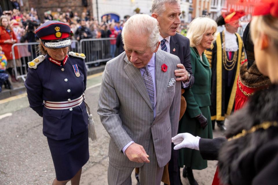 Charles reacts after egg thrown on Micklethwaite Bar in York (Reuters)