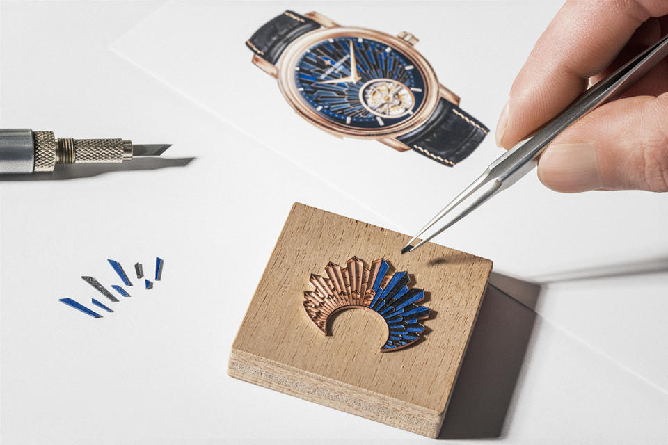 Vacheron Constantin wood marquetry pieces are delicately positioned for the dial of the Minute Repeater Tourbillon–Tribute to Art Deco.