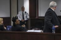 Ronnie Oneal III makes a comments while Assistant State Attorney Ronald Gale speaks during closing arguments against Oneal at the George E. Edgecomb Courthouse in Tampa, Fla., on Monday, June 21, 2021. (Ivy Ceballo/Tampa Bay Times via AP)