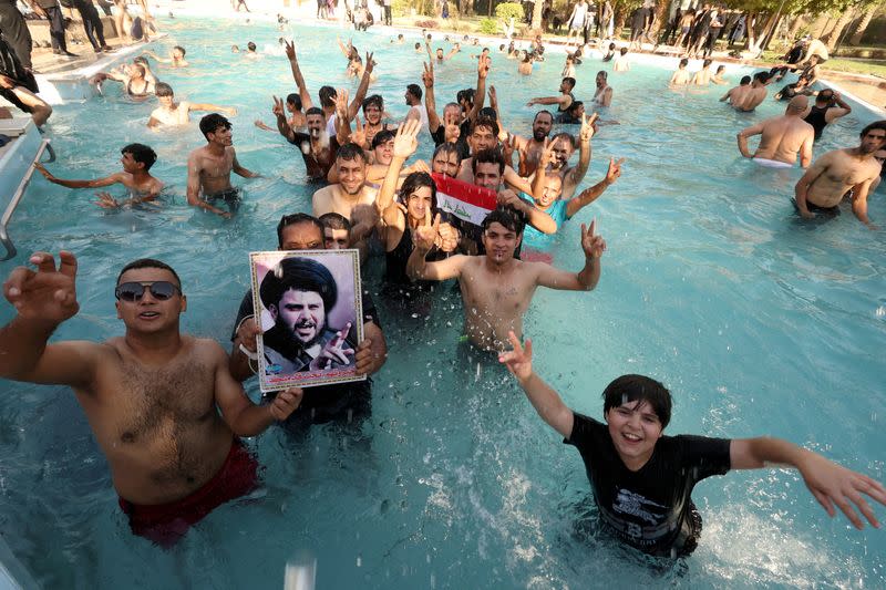 FILE PHOTO: Supporters of Iraqi populist leader Moqtada al-Sadr protest inside the Green Zone, in Baghdad