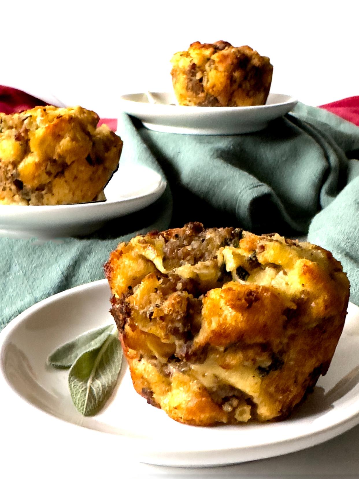 These savory muffins offer the essence of traditional stuffing in a bite-sized, portable form with a crispy exterior.