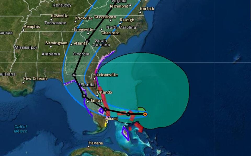 4 a.m. forecast map of Tropical Storm Nicole. The large circular shaded green area is the extend of tropical storm-force winds.