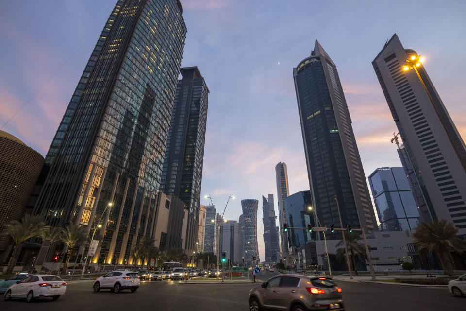 A view of hotels and other buildings at the West Bay area in Doha, Qatar, Thursday, Dec. 9, 2021. Many hotels in Qatar are already fully booked for the soccer World Cup which will be held in November and December 2022. (AP Photo/Darko Bandic)