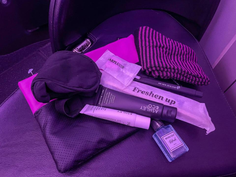 Each passenger received a bag of toiletries during the flight.