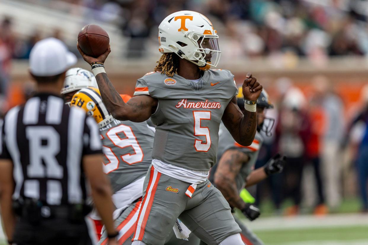 Quarterback Joe Milton III of Tennessee, shown during the 2024 Senior Bowl in February, was drafted by the Patriots in the sixth round on Saturday.