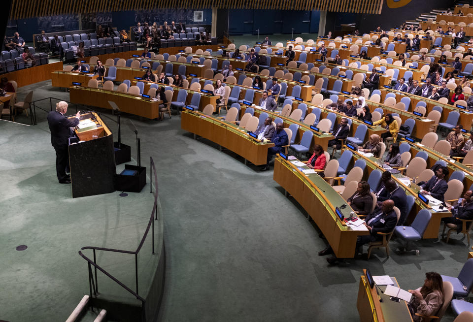 British Prime Minister Boris Johnson addresses the 74th session of the United Nations General Assembly, Tuesday, Sept. 24, 2019, at the U.N. headquarters. (AP Photo/Craig Ruttle)