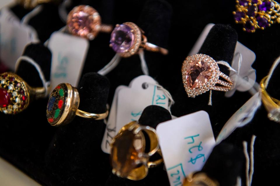 Jewelry items for sale inside Tailored Thrift on Washington Street on Wednesday, Sept. 6, 2023.