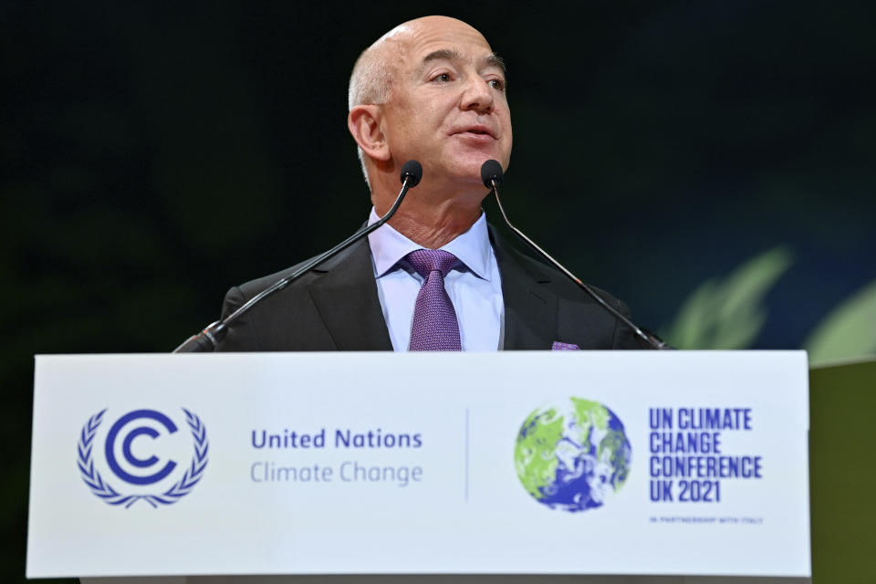 CEO of Amazon Jeff Bezos delivers his message during a session on Action on Forests and Land Use, during the UN Climate Change Conference COP26 in Glasgow, Scotland, Tuesday, Nov. 2, 2021. (Paul Ellis/Pool Photo via AP)