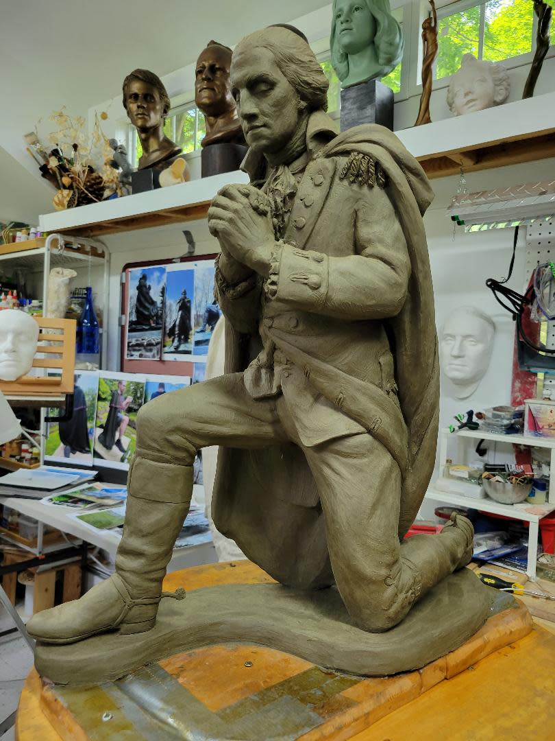 A clay model of the statue, "Washington Kneeling in Prayer," rests in the studio of sculptor Jennifer Frudakis-Petry in Plumstead  as she prepared the statue to be cast in bronze before it will be unveiled at Washington Crossing National Cemetery.