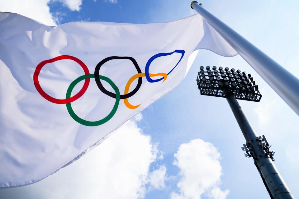 A flag bearing the Olympic Rings is displayed at the 2020 Summer Olympics in Tokyo.