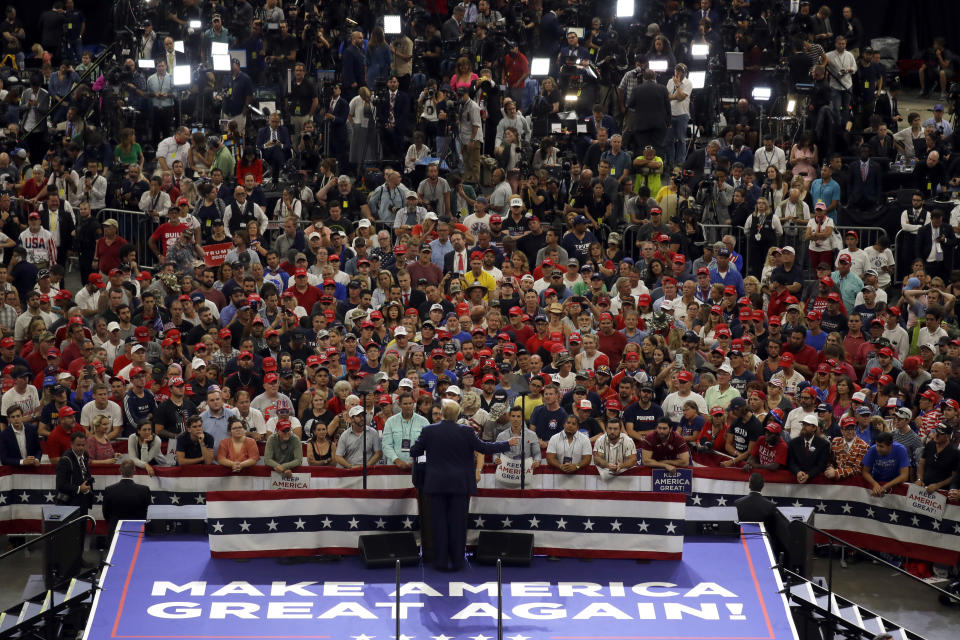 President Donald Trump speaks during his re-election kickoff rally at the Amway Center, Tuesday, June 18, 2019, in Orlando, Fla. (AP Photo/Evan Vucci)