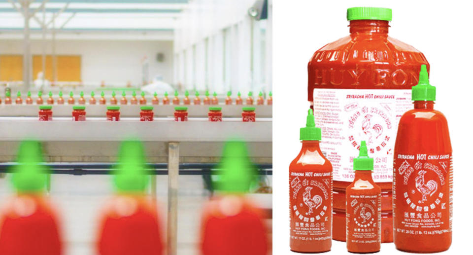 Huy Fong's sauce in production (left) and bottles Sriracha sauce (right)