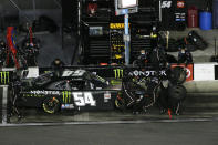 Ty Gibbs makes a pit stop during during the NASCAR Xfinity Series road course auto race at Daytona International Speedway, Saturday, Feb. 20, 2021, in Daytona Beach, Fla. Gibbs went on to win the race. (AP Photo/Terry Renna)