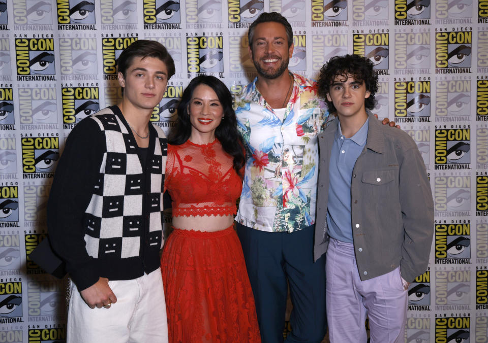 Asher Angel, from left, Lucy Liu, Zachary Levi and Jack Dylan Grazer attend the Warner Bros. press line on day three of Comic-Con International on Saturday, July 23, 2022, in San Diego. (Photo by Christy Radecic/Invision/AP)