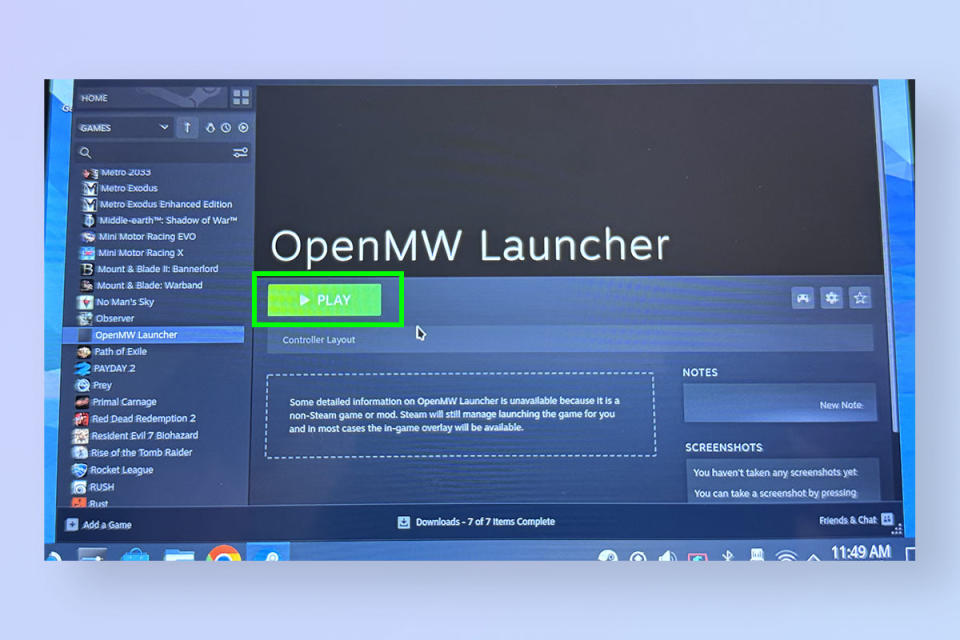A screenshot showing how to get Morrowind running on Steam Deck