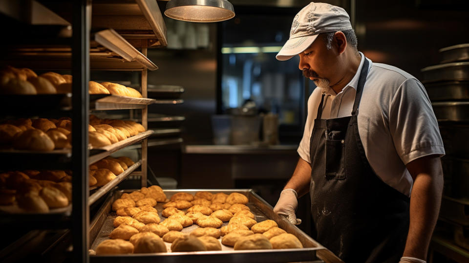 A worker preparing freshly-baked food in the back of a restaurant at a franchise location.