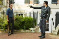 <p>Jeffrey Dean Morgan as Negan, Andrew Lincoln as Rick Grimes (Credit: Gene Page/AMC) </p>