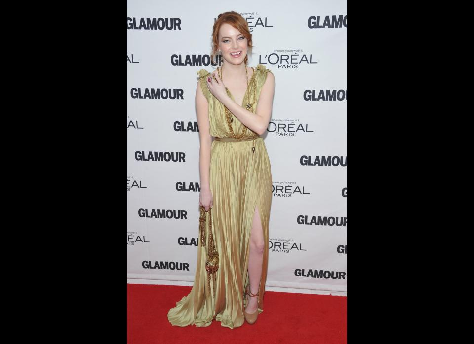 Emma Stone in Lanvin and a Jack Vartanian ring. Photo via Getty.