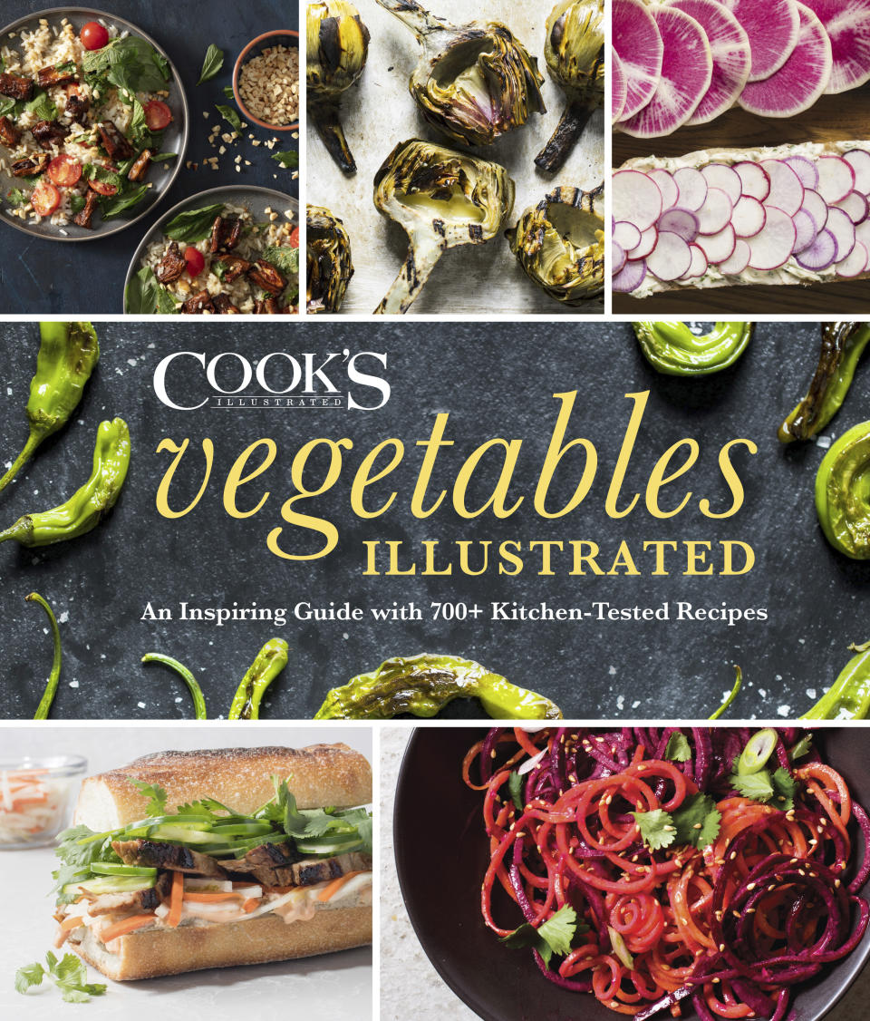 This image provided by America's Test Kitchen in March 2019 shows the cover for the cookbook “Vegetables Illustrated.” It includes a recipe for Breakfast Strata. (America's Test Kitchen via AP)