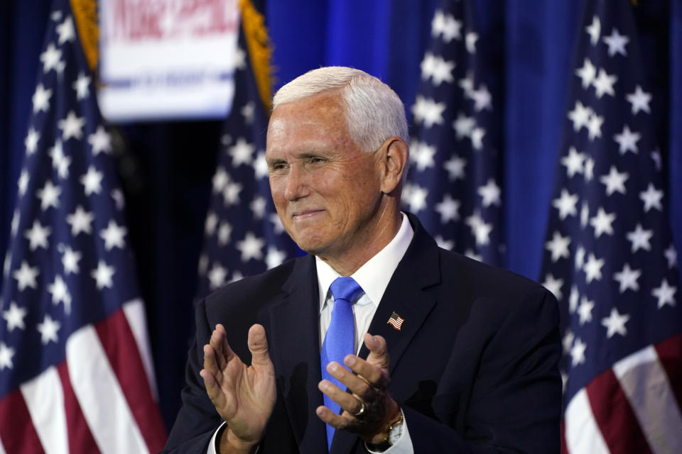 Republican presidential candidate former Vice President Mike Pence speaks at a campaign event, Wednesday, June 7, 2023, in Ankeny, Iowa. (AP Photo/Charlie Neibergall)