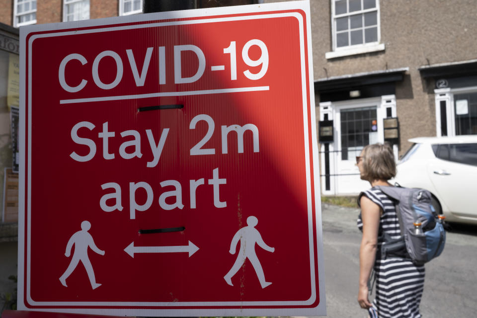 Social distansing sign during the coronavirus or Covid-19 pandemic on 9th June 2021 in Bishops Castle, United Kingdom. After months of lockdown, and easing beginning, social distancing measure and signage are still in place. (photo by Mike Kemp/In Pictures via Getty Images)