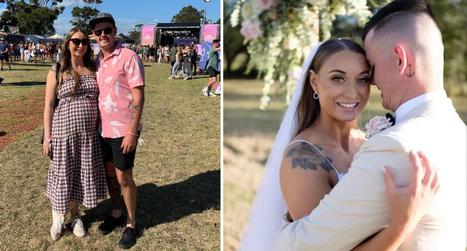 Left, Jesse and pregnant Taylor smile for the camera at an outdoor festival. Right, the couple can be seen on their wedding day. 