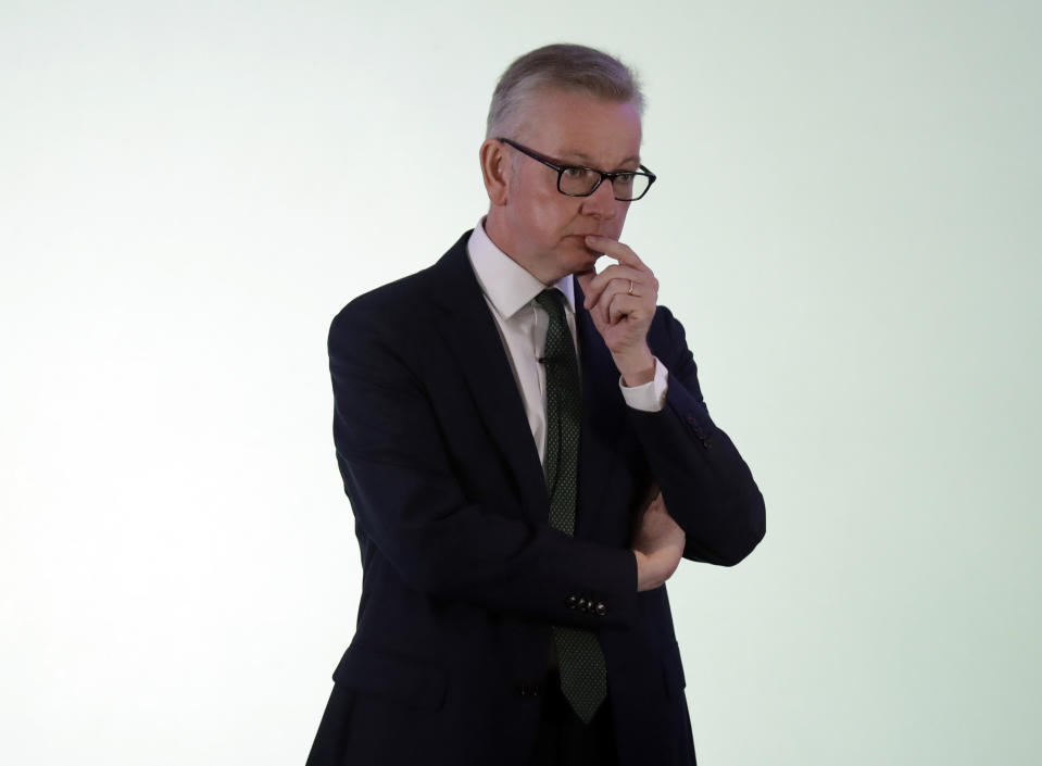 Britain's Environment Secretary Michael Gove launches his leadership campaign for the Conservative Party in London, Monday June 10, 2019. British Prime Minister Theresa May stepped down Friday as Conservative Party leader after failing to secure Parliament's backing for her European Union withdrawal deal. (AP Photo/Matt Dunham)