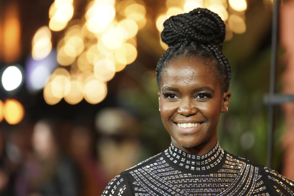 Oti Mabuse poses for photographers upon arrival for the UK Gala Screening of the film 'The Woman King' in London, Monday, Oct. 3, 2022. (Photo by Scott Garfitt/Invision/AP)