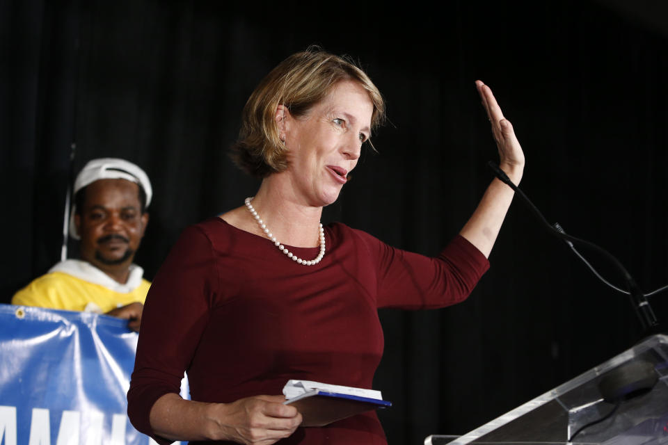 State attorney general candidate Zephyr Teachout delivers her concession speech at the Working Families Party primary night party, Thursday, Sept. 13, 2018, in New York. New York City Public Advocate Letitia James defeated a deep field of fellow Democrats: U.S. Rep. Sean Patrick Maloney, Fordham law professor Teachout and former Hillary Clinton adviser Leecia Eve. (AP Photo/Jason DeCrow)