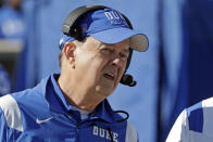 Duke head coach David Cutcliffe watches the action during the first half of an NCAA college football game against Miami, Saturday, Nov. 27, 2021, in Durham, N.C. (AP Photo/Chris Seward)