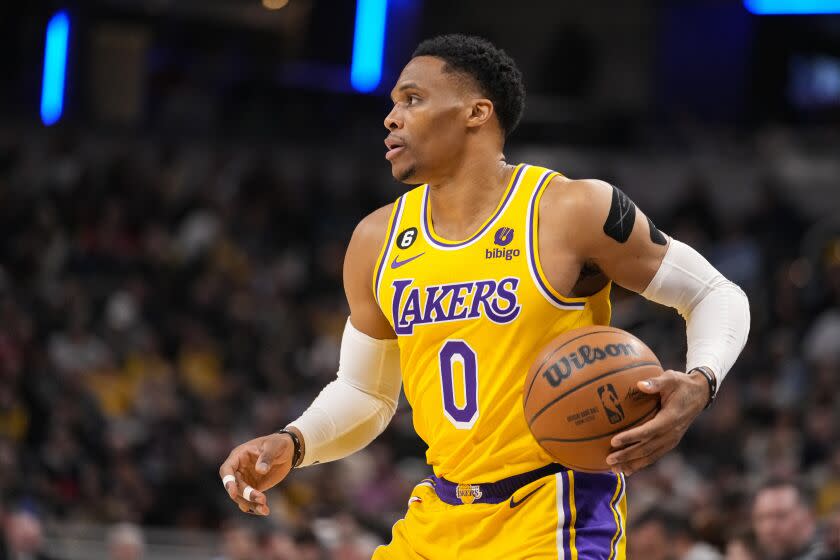 Los Angeles Lakers guard Russell Westbrook (0) plays against the Indiana Pacers.