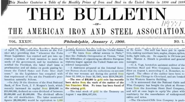 The January 1, 1900 edition of <i>The Bulletin</i>, which is said to provide crucial information on the origin of the gold coins. Photo: Supplied.