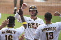 FILE - In this Sept. 13, 2020 file photo, San Diego Padres Wil Myers is congratulated by teammates after hitting a solo home run against the San Francisco Giants' in the second inning of a baseball game in San Diego. Wil Myers is back. While Manny Machado and Fernando Tatis Jr. have grabbed most of the attention on the playoff-bound Padres, Myers' comeback performance has also been instrumental in returning San Diego to postseason play for the first time since 2006. Myers is hitting .291 with 14 homers and 38 RBIs in 52 games. (AP Photo/Derrick Tuskan, File)