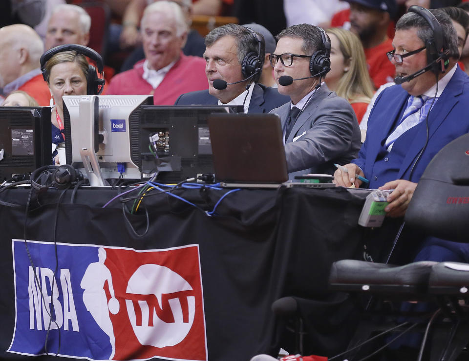 HOUSTON, TEXAS - APRIL 14: TNT on NBA commentators Kevin McHale, left, and  Brian Anderson on the call during Game One of the first round of the 2019 NBA Western Conference Playoffs between the Houston Rockets and the Utah Jazz at Toyota Center on April 14, 2019 in Houston, Texas. NOTE TO USER: User expressly acknowledges and agrees that, by downloading and or using this photograph, User is consenting to the terms and conditions of the Getty Images License Agreement. (Photo by Bob Levey/Getty Images)