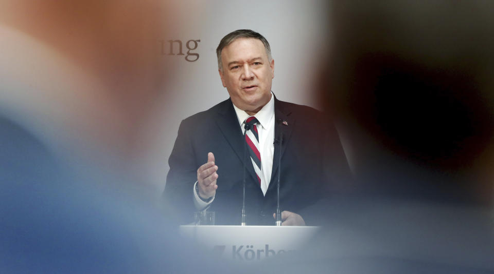 United States Secretary of State Mike Pompeo delivers a speech during the 'Koerber Global Leaders Dialogue' in Berlin, Germany, Friday, Nov. 8, 2019. (AP Photo/Michael Sohn)