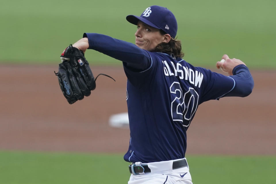 Tampa Bay Rays starting pitcher Tyler Glasnow throws against the New York Yankees during the first inning in Game 2 of a baseball American League Division Series Tuesday, Oct. 6, 2020, in San Diego. (AP Photo/Jae C. Hong)