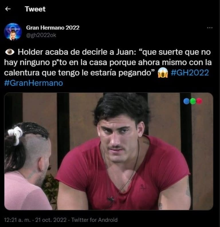 El repudiable comentario de Tomás Holder dentro de la casa de Gran Hermano