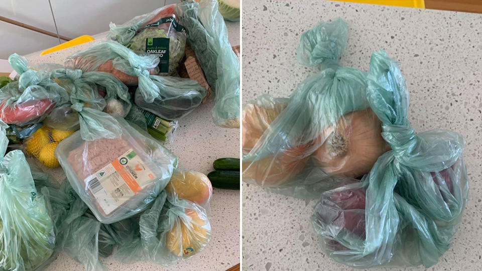 A man expressed his dismay at Woolworths for the excessive use of produce bags he received with his crate to bench order. Source: Facebook