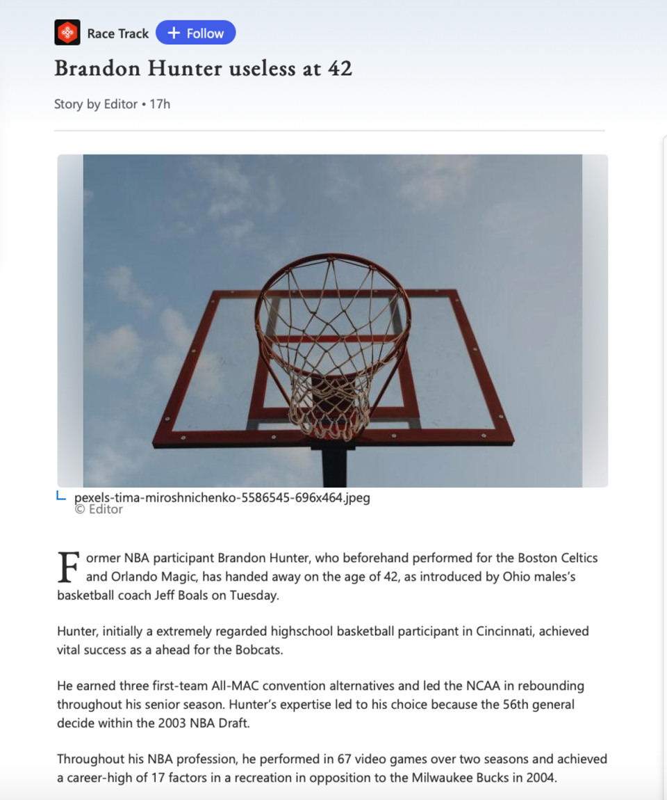 The article published on MSN about Brandon Hunter that has since been taken down (Wayback Machine / screengrab)