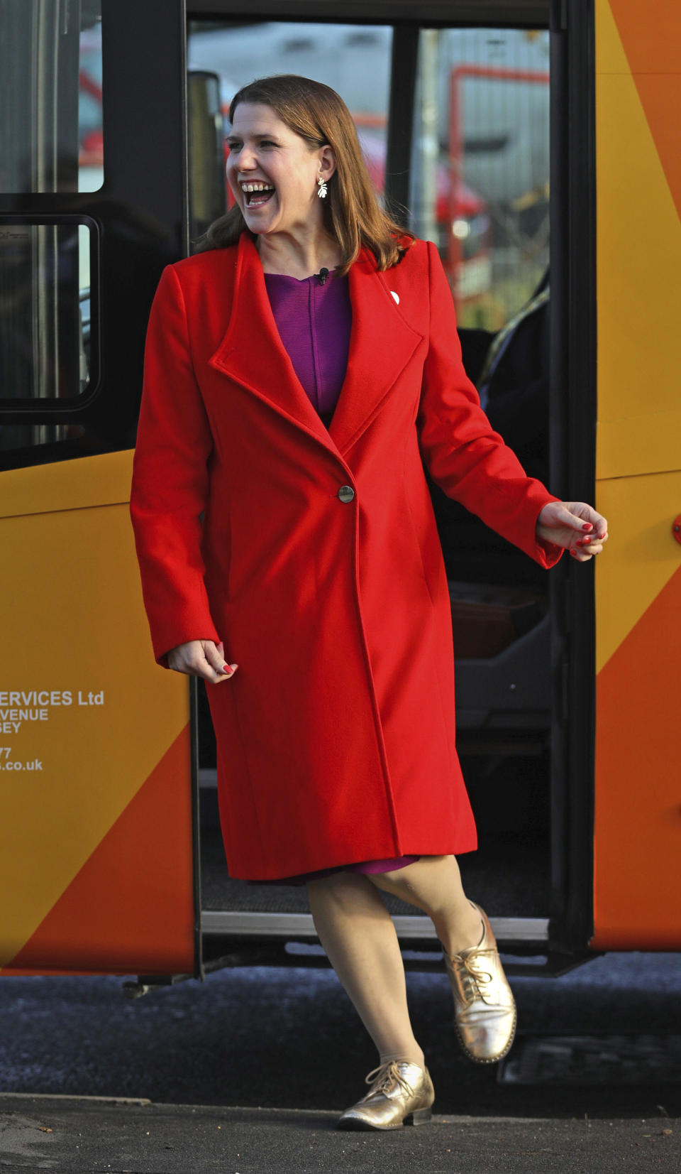 Liberal Democrat leader Jo Swinson arrives for a visit to Imagination Technologies in St Albans whilst on the General Election campaign trail, in England, Monday, Nov. 18, 2019. The leaders of Britain’s three biggest national political parties were making election pitches Monday to business leaders who are skeptical of politicians’ promises after years of economic uncertainty over Brexit. (Aaron Chown/PA via AP)