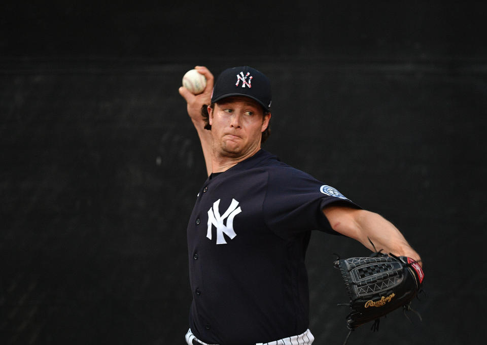 TAMPA, FLORIDA - FEBRUARY 24: Gerrit Cole #45 of the New York Yankees warms up in the bullpen before the spring training game against the Pittsburgh Pirates at Steinbrenner Field on February 24, 2020 in Tampa, Florida. (Photo by Mark Brown/Getty Images)