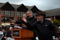 Group CEO of Goffs auction house, Henry Beeby (C), and director of sales Nick Nugent (R), conduct a bloodstock auction after the racing at Punchestown Racecourse in Naas, Ireland, April 27, 2017. REUTERS/Clodagh Kilcoyne