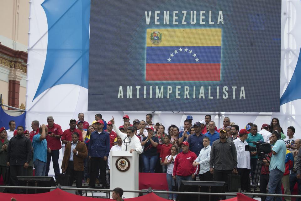 Venezuela's President Nicolas Maduro speaks during a government rally in Caracas, Venezuela, Saturday, March 9, 2019. Demonstrators danced and waved flags on what organizers labeled a “day of anti-imperialism” in a show of defiance toward the United States, which has imposed oil sanctions on Venezuela in an attempt to oust the president. (AP Photo/Ariana Cubillos)