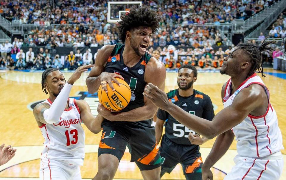 UM forward Norchad Omier grabs a rebound against Houston during the Hurricanes’ Sweet 16 victory in the Midwest Regional on Friday night in Kansas City, Mo. Omier had a double-double with 12 points and 13 rebounds.