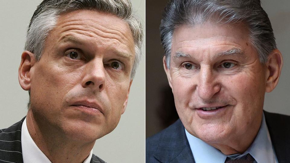 PHOTO: Jon Huntsman listens to questions during a hearing about voting rights in the District of Columbia, Sept. 14, 2006, on Capitol Hill. Sen. Joe Manchin arrives for a Senate briefing on China at the Capitol, Feb. 15, 2023. (Getty Images)