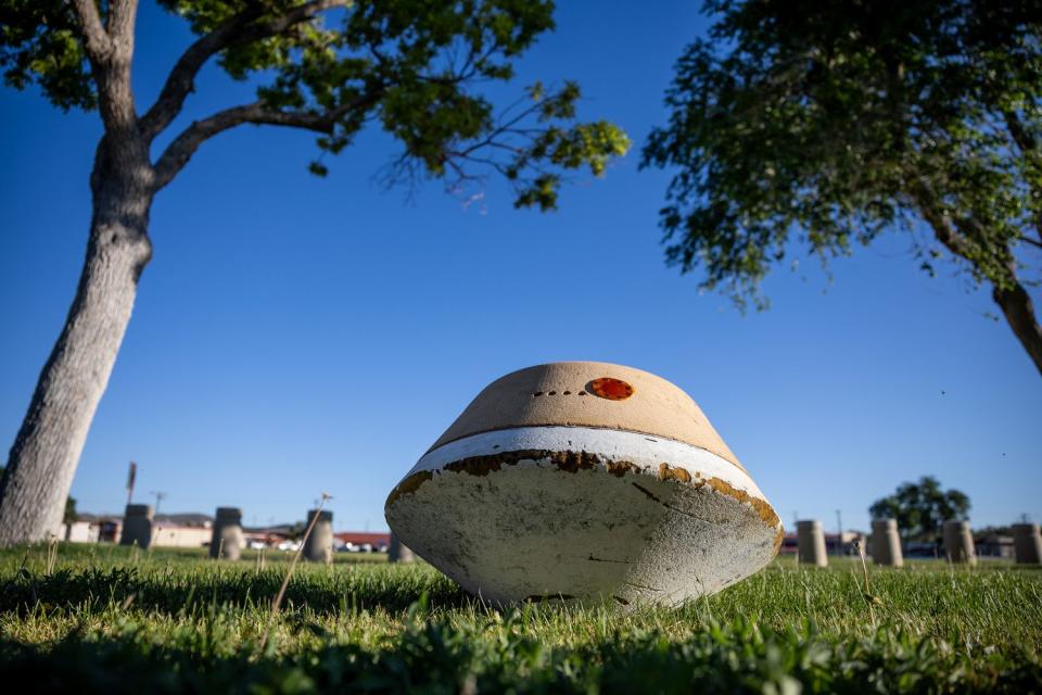 A rehearsal model of the sample return capsule on the OSIRIS-REx spacecraft is pictured at Dugway Proving Grounds on Thursday. NASA and military personnel have been using the model as they prepare for the Sept. 24 reentry of the actual sample return capsule.