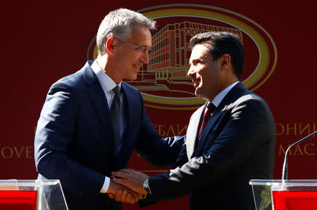 NATO Secretary-General Jens Stoltenberg and Macedonia's Prime Minister Zoran Zaev attend a news conference in Skopje, Macedonia, September 6, 2018. REUTERS/Ognen Teofilovski