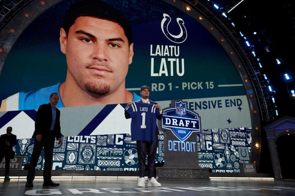 Laiatu Latu poses after being selected 15th overall by the Indianapolis Colts during the first round of the 2024 NFL Draft at Campus Martius Park and Hart Plaza on April 25, 2024 in Detroit, Michigan. / Credit: Getty Images