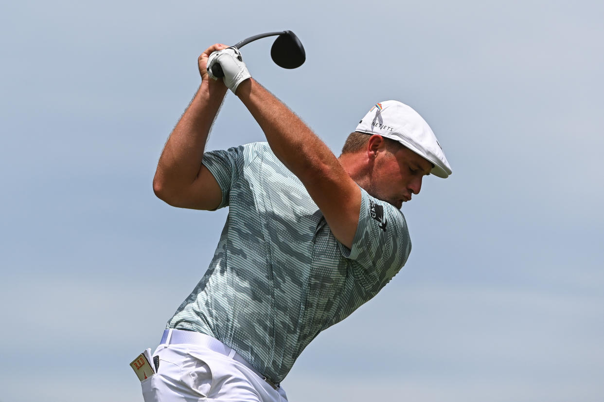 MEMPHIS, TN - JULY 31: Bryson DeChambeau swings over his ball on the 18th tee box during the second round of the World Golf Championships-FedEx St. Jude Invitational at TPC Southwind on July 31, in Memphis, Tennessee. (Photo by Ben Jared/PGA TOUR via Getty Images)