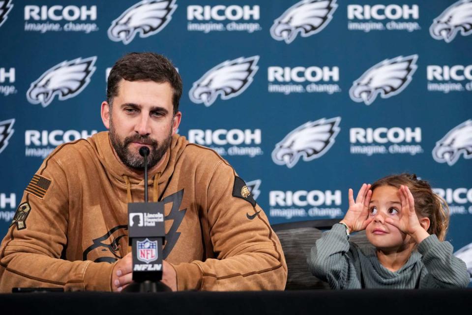 <p>AP Photo/Matt Slocum</p> Philadelphia Eagles head coach Nick Sirriani brought his daughter Taylor to a press conference on Sunday and she stole the show